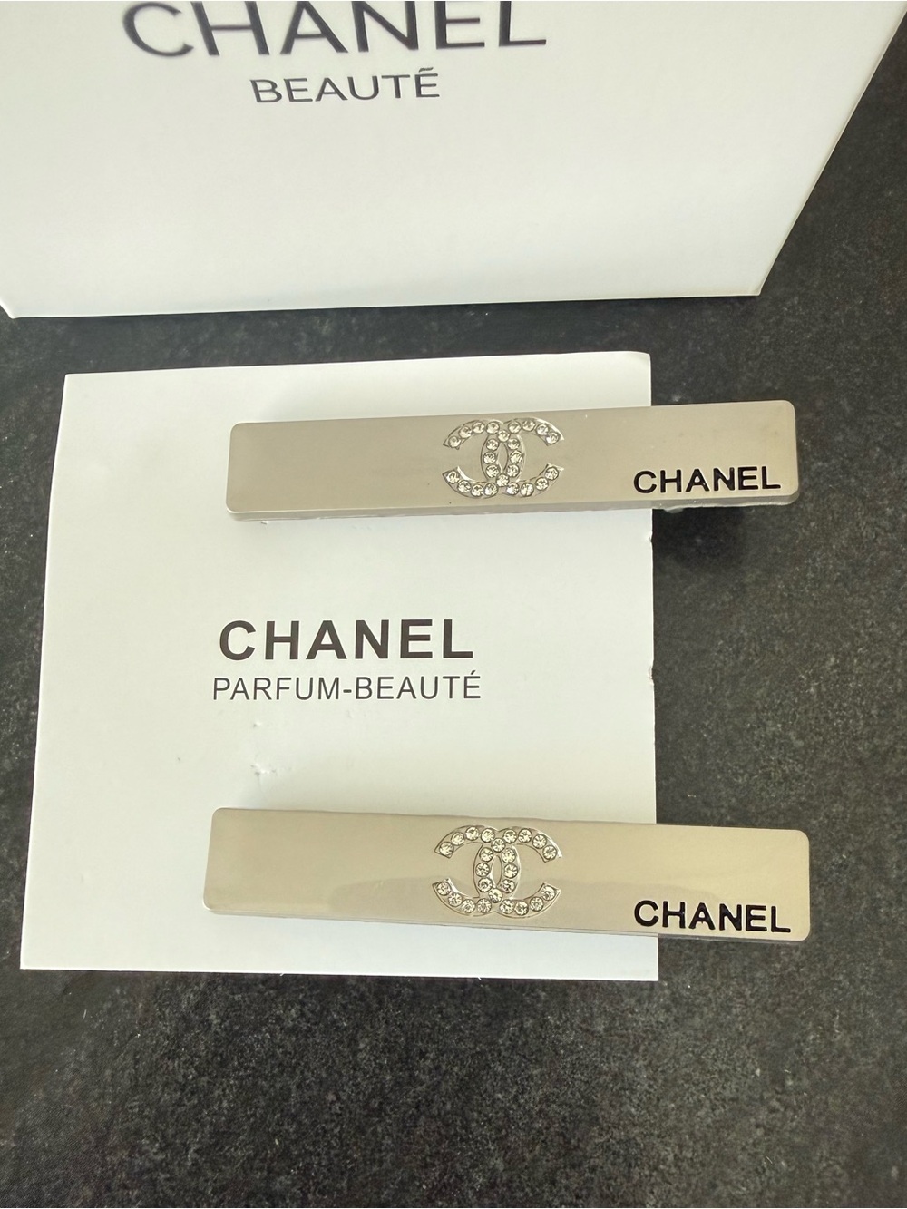 Chanel Beaute Silver Crystal CC Logo Hair Clips - Set of 2